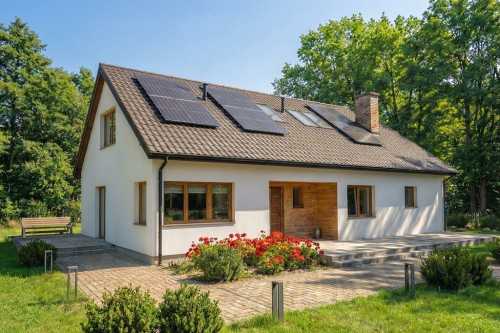 Projekt domu Halcino  tech. DM-6835 tech., parterowy z poddaszem użytkowym, jednorodzinny, bez piwnicy, bez garażu - wizualizacja elewacji frontowej