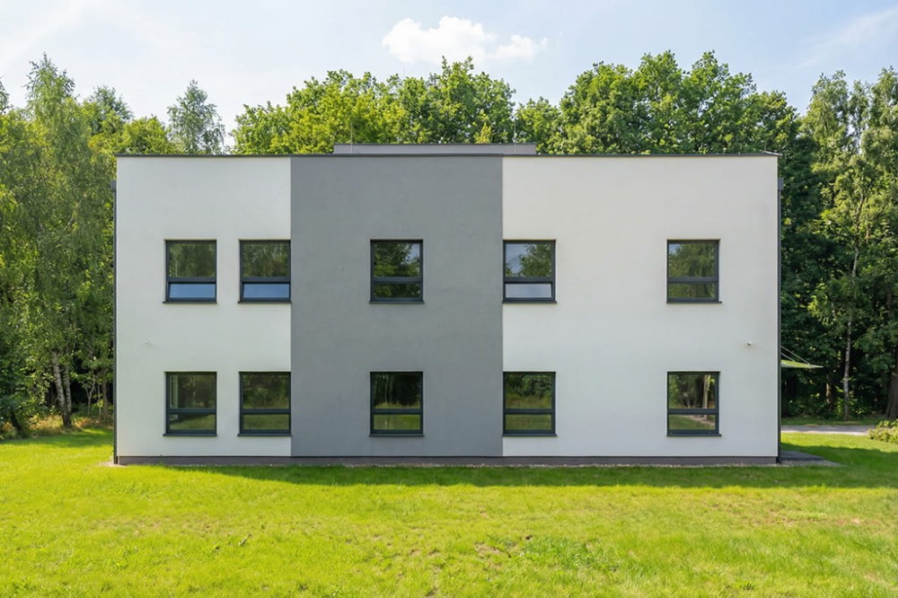 Projekt budynku biurowego  K-128 B, piętrowy, bez podpiwniczenia i bez garażu  - wizualizacja elewacji ogrodowej