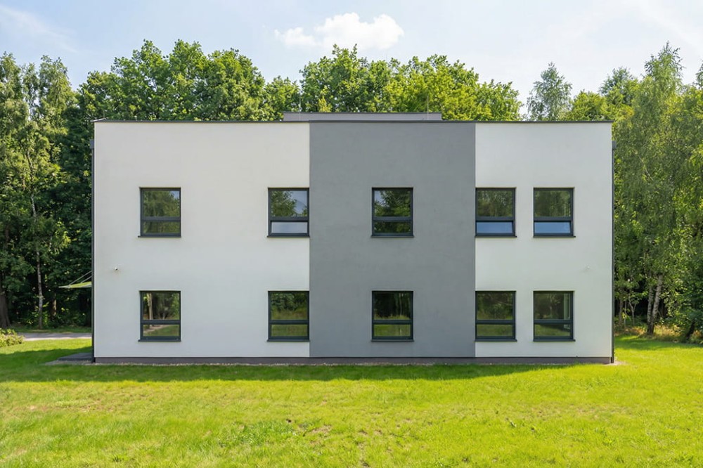 Projekt budynku biurowego  LK-128 B, piętrowy, bez podpiwniczenia i bez garażu  - wizualizacja elewacji ogrodowej