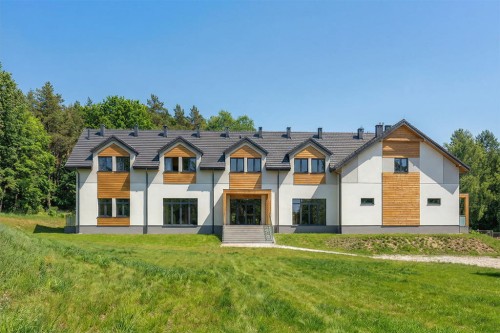 Projekt budynku gastronomiczno - hotelowego LK-161, parterowy, z poddaszem, bez garażu i podpiwniczenia - wizualizacja elewacji ogrodowej