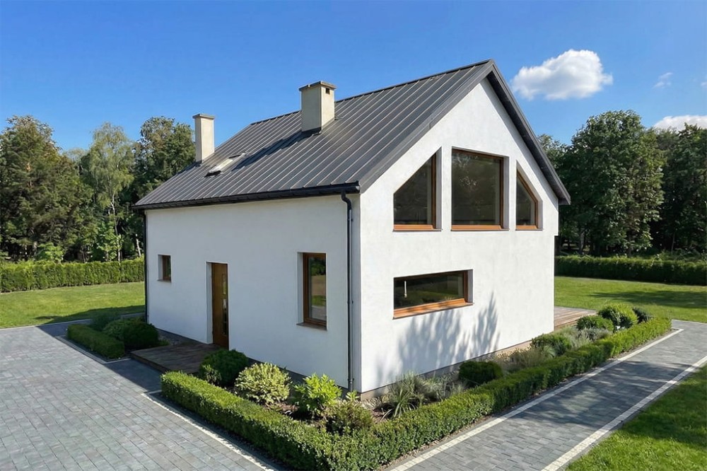 Projekt domu Natino DM-6868, parterowy z antresolą, niepodpiwniczony, bez garażu - wizualizacja elewacji prawej