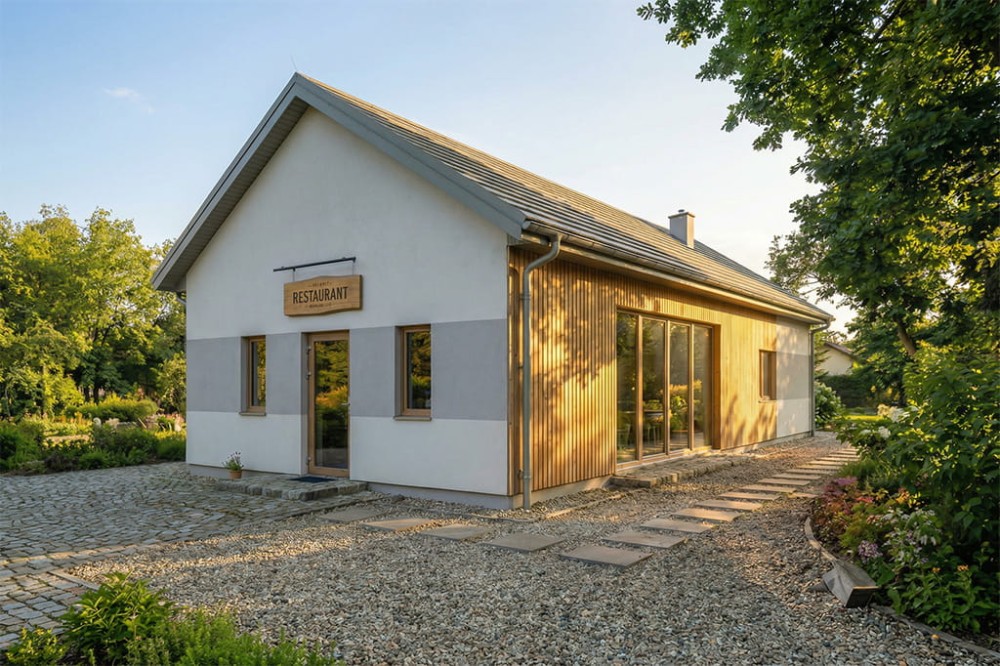 Projekt budynku gastronomicznego K-22 B, parterowy, niepodpiwniczony, bez garażu - wizualizacja elewacji