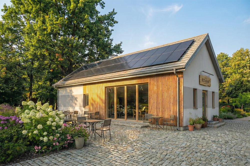 Projekt budynku gastronomicznego K-22 B, parterowy, niepodpiwniczony, bez garażu - wizualizacja elewacji