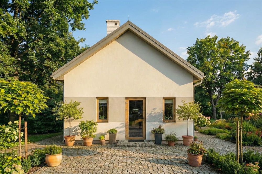 Projekt budynku gastronomicznego K-22 B, parterowy, niepodpiwniczony, bez garażu - wizualizacja elewacji ogrodowej