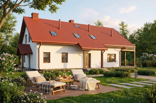 Projekt domu Etavia DM-6802, parterowy, z poddaszem użytkowym, niepodpiwniczony, bez garażu - wizualizacja elewacji frontowej