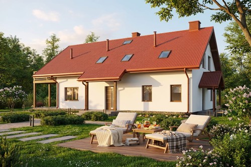 Projekt domu Etavia 2 L-6802, parterowy, z poddaszem użytkowym, niepodpiwniczony, bez garażu - wizualizacja elewacji frontowej