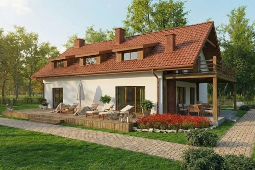 Projekt domu Etavia 2 L-6802, parterowy, z poddaszem użytkowym, niepodpiwniczony, bez garażu - wizualizacja elewacji ogrodowej