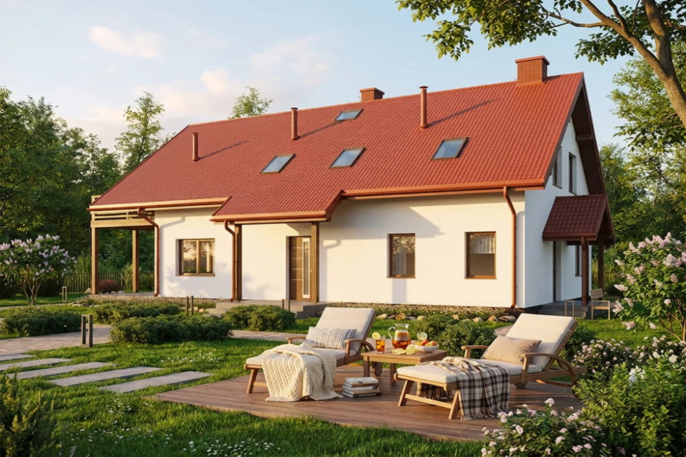Projekt domu Etavia 2 tech. L-6802 tech., parterowy, z poddaszem użytkowym, niepodpiwniczony, bez garażu - wizualizacja elewacji frontowej