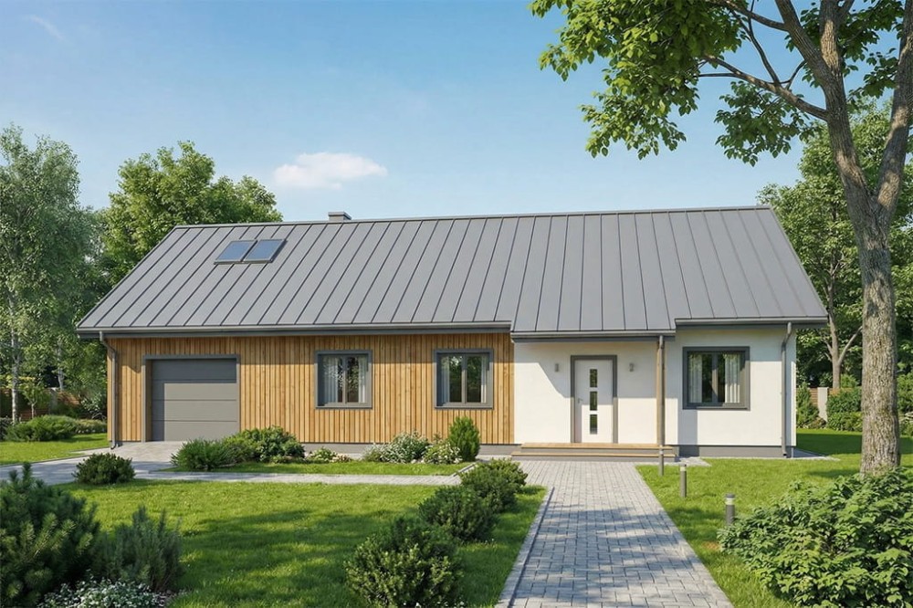 Projekt domu Siódmaczek 2 S L-6678 S, parterowy bez podpiwniczenia, z garażem jednostanowiskowym - wizualizacja elewacji