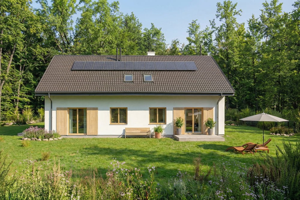 Projekt domu Ronda 2 L-6832, parterowy, dwulokalowy, z poddaszem użytkowym, niepodpiwniczony, bez garażu - wizualizacja elewacji ogrodowej