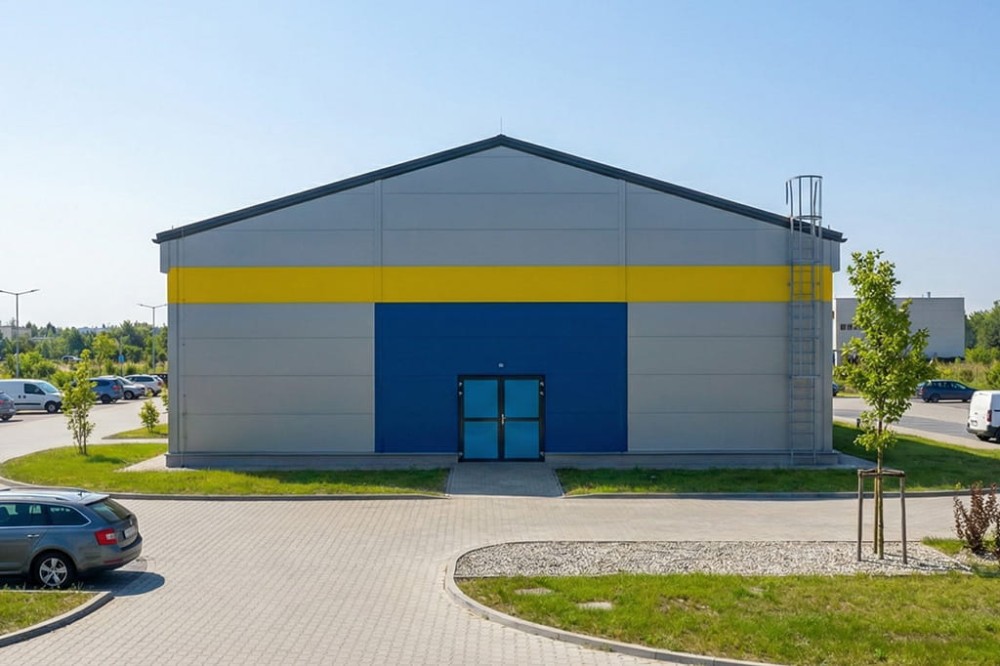 Projekt budynku magazynowo - handlowego K-160, parterowy, bez podpiwniczenia, bez garażu - wizualizacja elewacji prawej