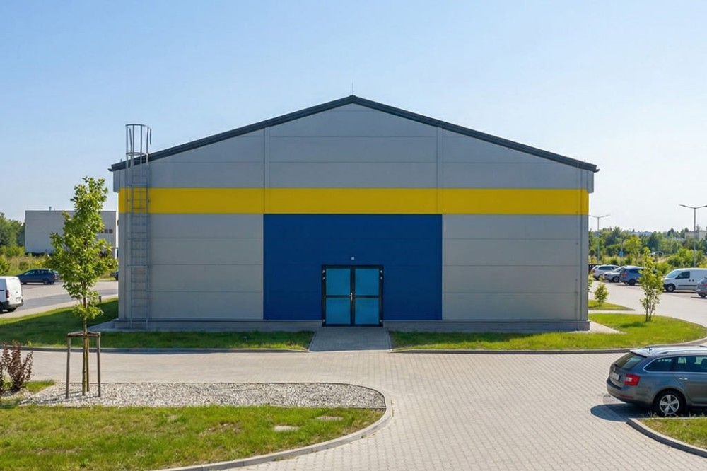 Projekt budynku magazynowo - handlowego LK-160, parterowy, bez podpiwniczenia, bez garażu - wizualizacja elewacji lewej