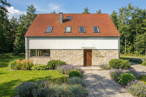 Projekt domu Tavis 2 L-6806,  parterowy, z poddaszem użytkowym, przystosowany na pochyłą działkę - wizualizacja elewacji frontowej