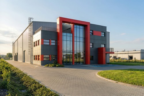 Projekt budynku magazynowo - produkcyjno - biurowego LK-146, Hala magazynowa jednokondygnacyjna, część biurowa trzykondygnacyjna. Budynek niepodpiwniczon - wizualizacja elewacji frontowej