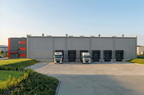 Projekt budynku magazynowo - produkcyjno - biurowego LK-146, hala magazynowa jednokondygnacyjna, część biurowa trzykondygnacyjna, budynek niepodpiwniczony - wizualizacja elewacji