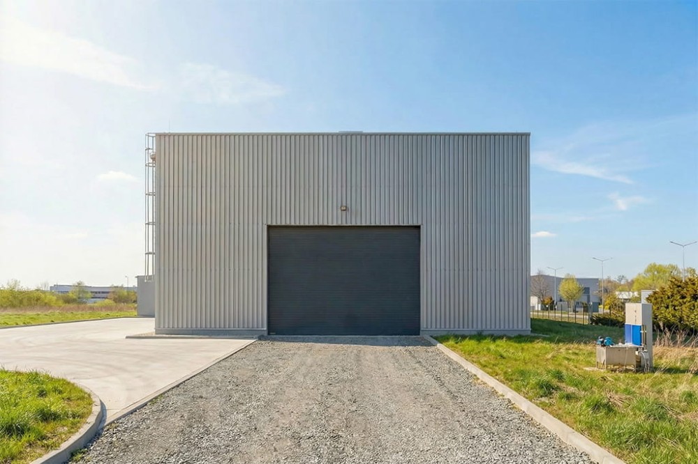 Projekt budynku magazynowo - produkcyjno - biurowego LK-166, dwupiętrowy, bez garażu, bez podpiwniczenia - wizualizacja elewacji ogrodowej