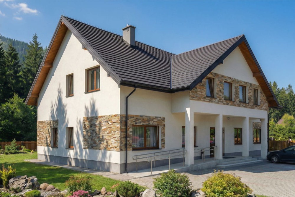 Projekt budynku noclegowego LK-61 B, parterowy z poddaszem użytkowym, częściowo podpiwniczony, bez garażu - wizualizacja elewacji lewej