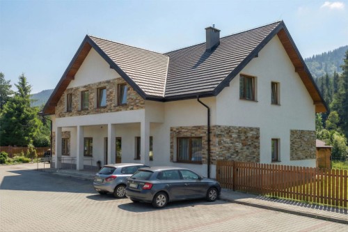 Projekt budynku noclegowego LK-61 B, parterowy z poddaszem użytkowym, częściowo podpiwniczony, bez garażu - wizualizacja elewacji prawej
