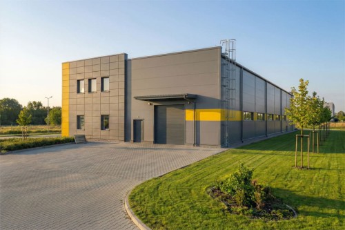 Projekt budynku magazynowo-produkcyjno-biurowego LK-163, dwukondygnacyjnego, bez garażu, bez podpiwniczenia - wizualizacja elewacji ogrodowej