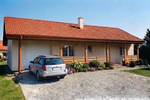 Projekt domu Jodłownik DM-6307, parterowy, niepodpiwniczony, z garażem jednostanowiskowym - wizualizacja elewacji frontowej