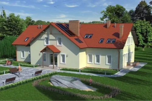 Projekt restauracji, domu weselnego K-18 C,  parterowy z poddaszem użytkowym, częściowo podpiwniczony - kolorystyka wersja 1