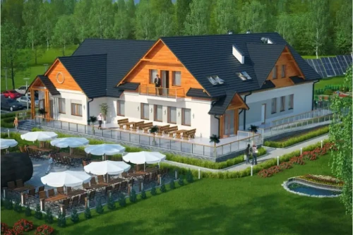 Projekt restauracji, domu weselnego K-52, parterowy z częściowym poddaszem użytkowym, niepodpiwniczony - kolorystyka wersja 1