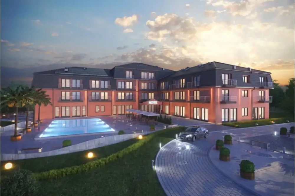 Projekt hotelu K-54, czterokondygnacyjny, niepodpiwniczony, bez garażu - kolorystyka wersja 1