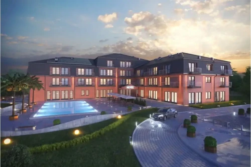 Projekt hotelu K-54, 4 piętrowy, niepodpiwniczony z funkcją konferencyjną na 4 piętrze - wizualizacja elewacji