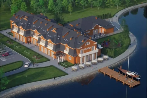 Projekt hotelu K-57, piętrowy z poddaszem użytkowym, niepodpiwniczony, bez garażu - kolorystyka wersja 1
