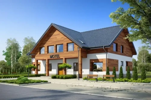 Projekt motelu K-61 D, parterowy z poddaszem użytkowym, niepodpiwniczony, bez garażu - kolorystyka wersja 1