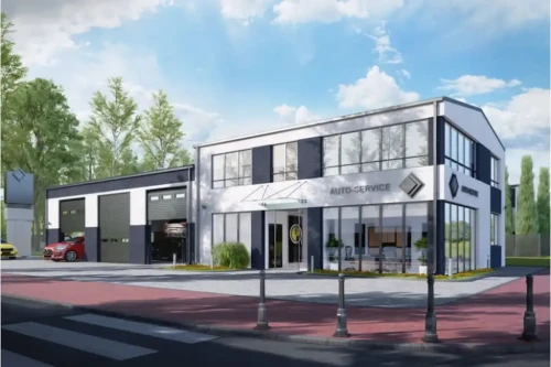 Projekt serwisu samochodowego K-66, parterowy, z poddaszem użytkowym, niepodpiwniczony - wizualizacja elewacji