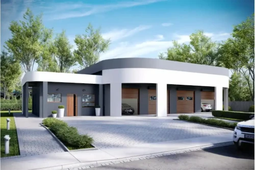 Projekt myjni samochodowej K-73, parterowy, niepodpiwniczony, mogący pełnić również funkcję warsztatu samochodowego - wizualizacja elewacji