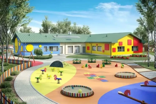 Projekt przedszkola K-82, parterowy, niepodpiwniczony, bez garażu - kolorystyka wersja 1