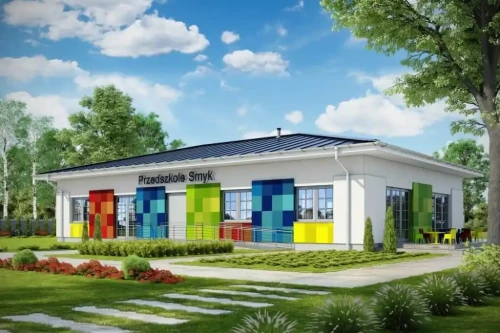 Projekt przedszkola K-102, parterowy, niepodpiwniczony - wizualizacja elewacji