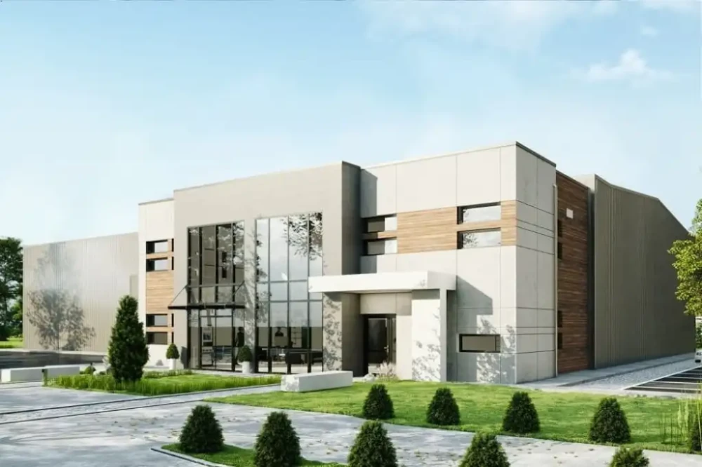 Projekt budynku biurowo-magazynowego  K-129, niepodpiwniczony, bez garażu-kolorystyka wersja 1