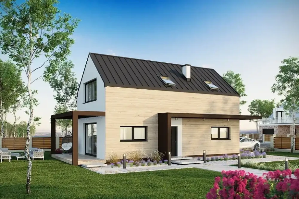 Projekt domu Inovia DM-6707, parterowy z poddaszem użytkowym, z garażem jednostanowiskowym, niepodpiwniczony - wizualizacja elewacji