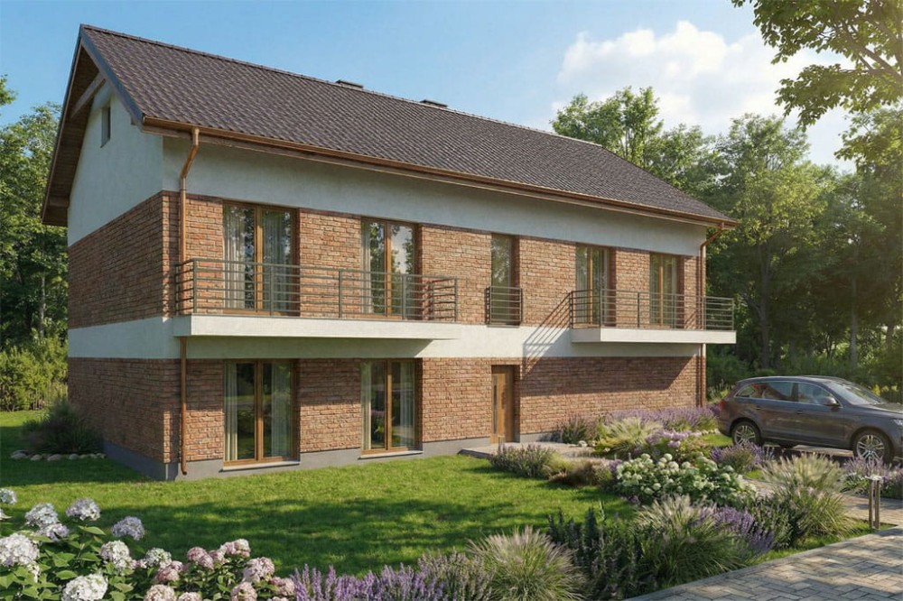 Projekt domu Reliani DM-6824, piętrowy z poddaszem nieużytkowym, jednorodzinny, niepodpiwniczony, z garażem dwustanowiskowym - wizualizacja elewacji frontowej