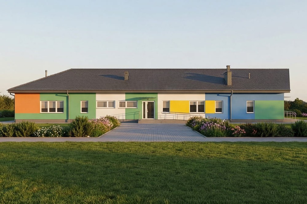 Projekt przedszkola K-82 B, parterowy ze strychem nieużytkowym w przestrzeni którego zlokalizowano urządzenia techniczne, niepodpiwniczony - wizualizacja elewacji frontowej