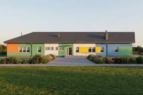 Projekt przedszkola K-82 B, parterowy ze strychem nieużytkowym w przestrzeni którego zlokalizowano urządzenia techniczne, niepodpiwniczony - wizualizacja elewacji frontowej