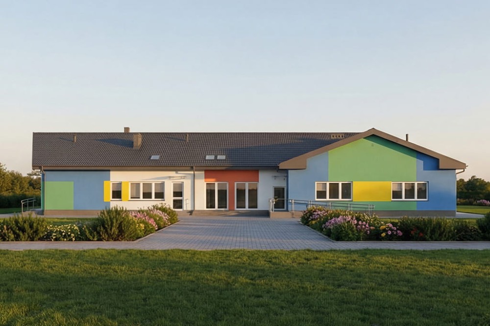 Projekt przedszkola K-82 B, parterowy ze strychem nieużytkowym w przestrzeni którego zlokalizowano urządzenia techniczne, niepodpiwniczony - wizualizacja elewacji ogrodowej