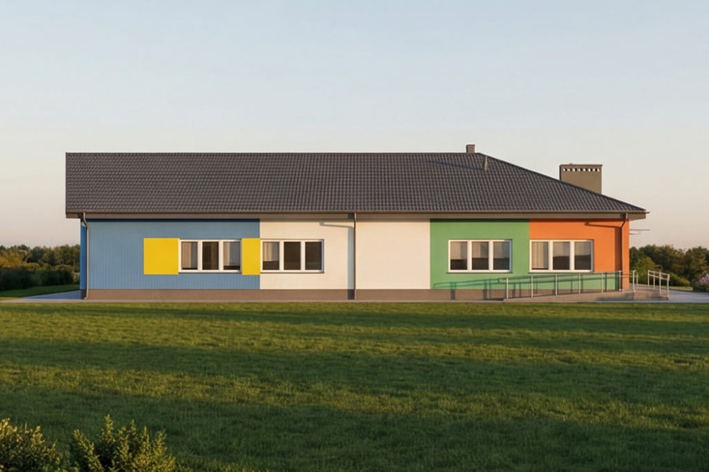 Projekt przedszkola K-82 B, parterowy ze strychem nieużytkowym w przestrzeni którego zlokalizowano urządzenia techniczne, niepodpiwniczony - wizualizacja elewacji lewej