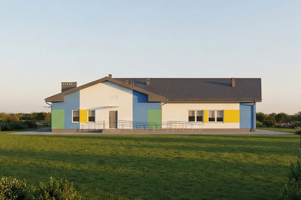 Projekt przedszkola K-82 B, parterowy ze strychem nieużytkowym w przestrzeni którego zlokalizowano urządzenia techniczne, niepodpiwniczony - wizualizacja elewacji prawej