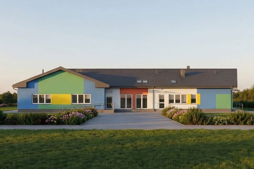 Projekt przedszkola LK-82 B, parterowy ze strychem nieużytkowym w przestrzeni którego zlokalizowano urządzenia techniczne, niepodpiwniczony - wizualizacja elewacji ogrodowej