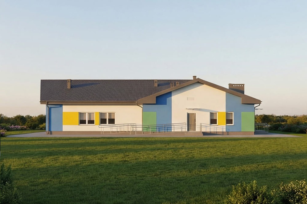 Projekt przedszkola LK-82 B, parterowy ze strychem nieużytkowym w przestrzeni którego zlokalizowano urządzenia techniczne, niepodpiwniczony - wizualizacja elewacji lewej