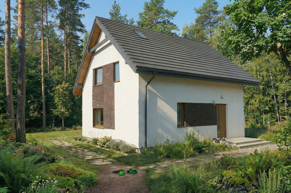 Projekt domu Kassania BG DM-6739 BG, parterowy z poddaszem użytkowym, jednorodzinny - wizualizacja elewacji frontowej