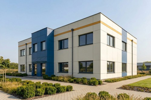 Projekt budynku usługowego LK-150, piętrowy, bez podpiwniczenia i bez garażu  - wizualizacja elewacji frontowej
