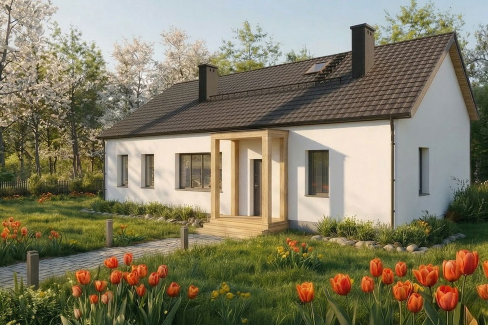 Projekt domu Safax tech. DM-6833 tech.,  parterowy, niepodpiwniczony, bez garażu - wizualizacja elewacji frontowej