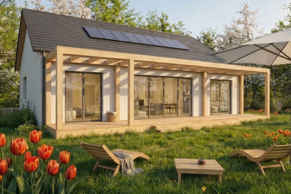 Projekt domu Safax tech. DM-6833 tech.,  parterowy, niepodpiwniczony, bez garażu - wizualizacja elewacji ogrodowej