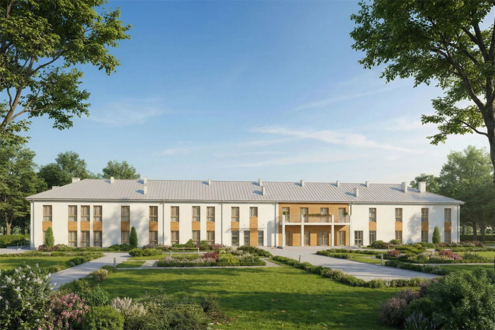 Projekt budynku ZOL z przychodnią rehabilitacyjną i apteką K-157, piętrowy bez garażu i podpiwniczenia - wizualizacja elewacji frontowej