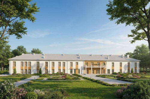 Projekt budynku ZOL z przychodnią rehabilitacyjną i apteką K-157, piętrowy bez garażu i podpiwniczenia - wizualizacja elewacji